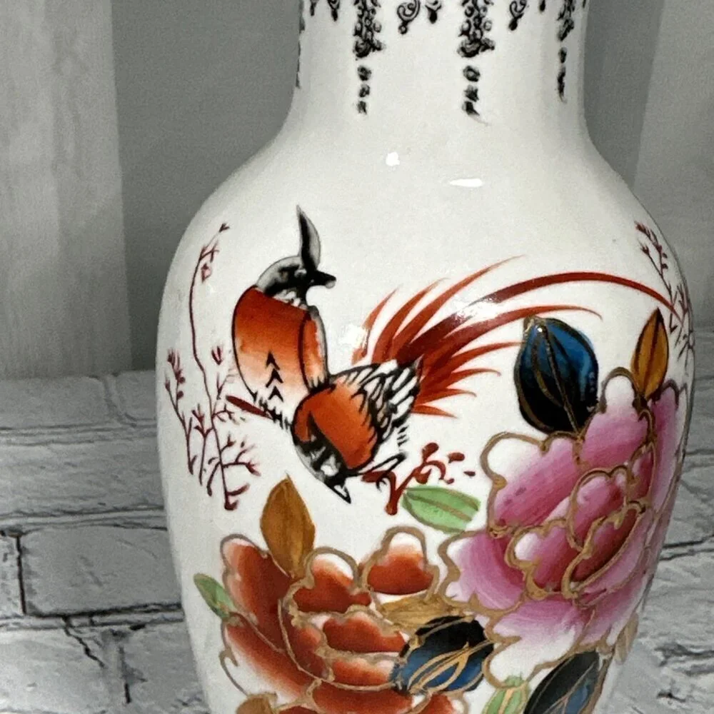 Vintage Floral Bird Hand Painted Chinese Porcelain Vase 8”